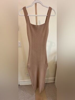 JLuxLabel Rib Knit Bodycon Midi Dress Square Neck Taupe Beige Size L
